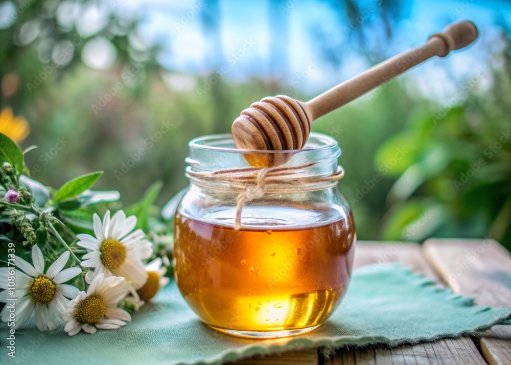 Natural organic honey in glass jar, Natural food background. Natural organic honey in glass jar, Natural food background.