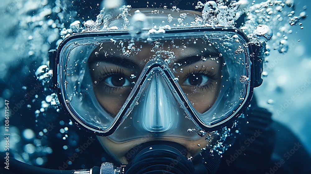 Close-up of a woman's eyes underwater, wearing a scuba mask and looking directly at the camera. Close-up of a woman's eyes underwater, wearing a scuba mask and looking directly at the camera.