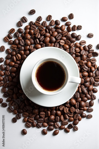 Cup of black coffee surrounded by roasted coffee beans