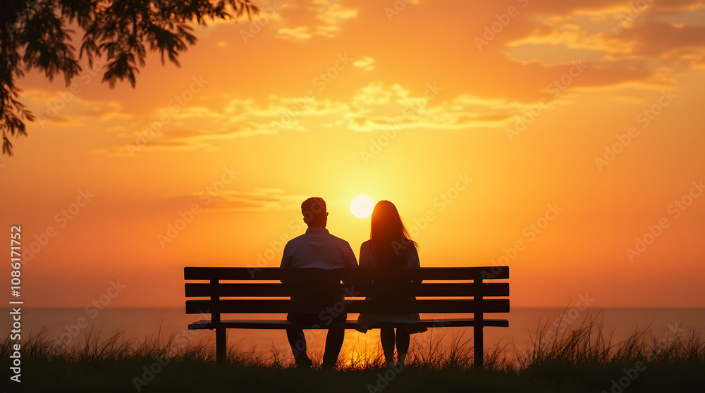 couple sitting on bench at sunset, silhouette, Generative Ai couple sitting on bench at sunset, silhouette, Generative Ai