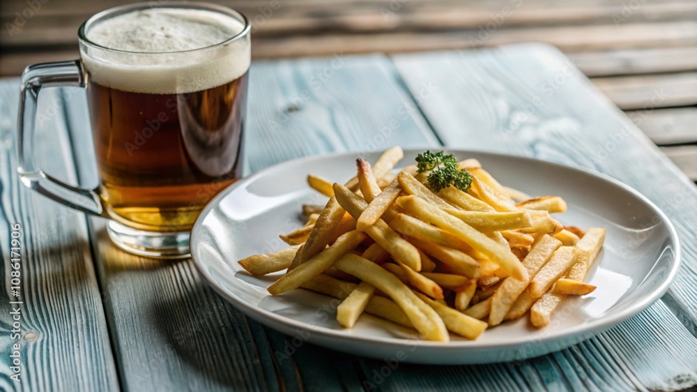 Golden French Fries in a Wire Cone with Beer. Golden French Fries in a Wire Cone with Beer.