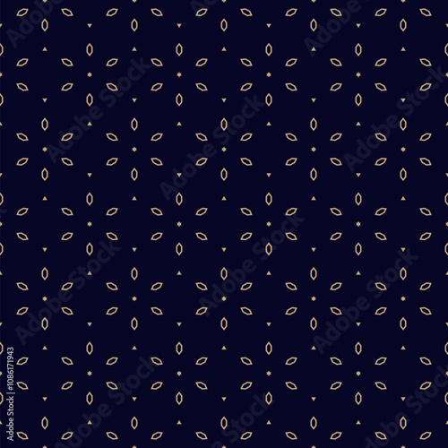 Abstract golden seamless pattern with small flower geometric shapes, tiny snowflake silhouettes. Vector minimalist black and gold floral background. Simple luxury minimal texture. Repeated geo design