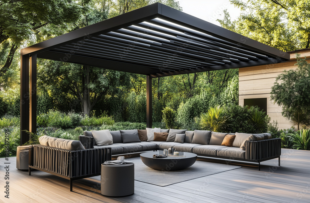 Fototapeta premium A black metal modern garden canopy with cream fabric, set in the corner of an outdoor terrace with sofas and plants, photorealistic. an elegantly designed outdoor living space