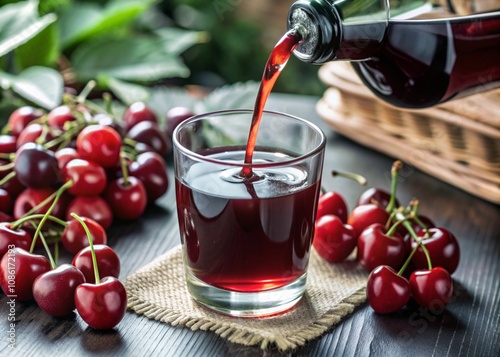 Fresh cherry juice, splashes of juice fly away, a natural vitamin drink.