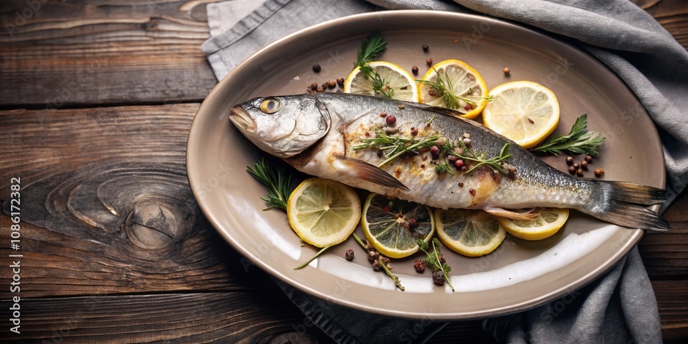 Fish dish with lemon. Healthy food concept. place for text, top view. Fish dish with lemon. Healthy food concept. place for text, top view.