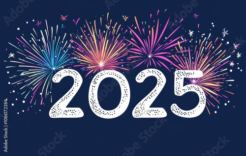 Illustration of fireworks for New Year 2025 on a blue background