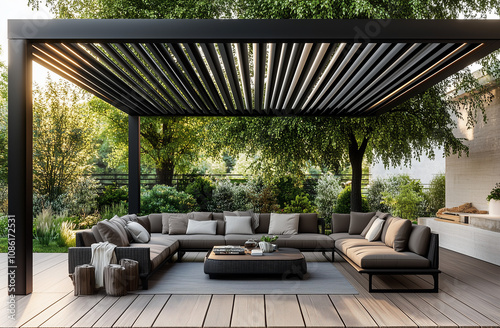 A black metal modern garden canopy with cream fabric, set in the corner of an outdoor terrace with sofas and plants, photorealistic. an elegantly designed outdoor living space