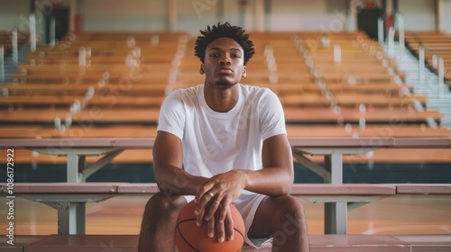 Young man sitting on the basketball court bleachers