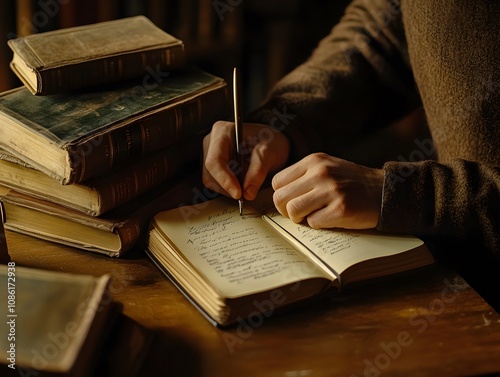 A person writing in a notebook beside a stack of old books, reflecting creativity and study.