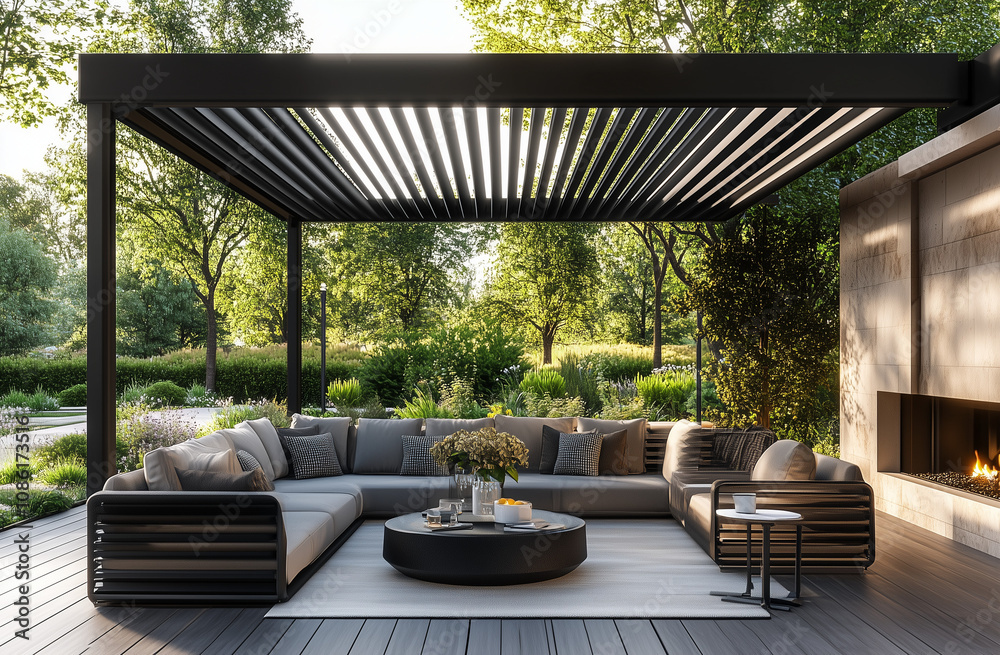 Fototapeta premium A black metal modern garden canopy with cream fabric, set in the corner of an outdoor terrace with sofas and plants, photorealistic. an elegantly designed outdoor living space
