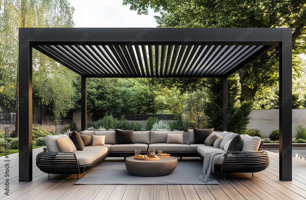: A black metal modern garden canopy with cream fabric, set in the corner of an outdoor terrace with sofas and plants, photorealistic. an elegantly designed outdoor living space