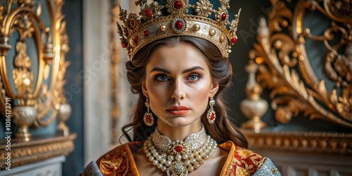 A woman with a crown on her head. Medieval outfit, interesting concept