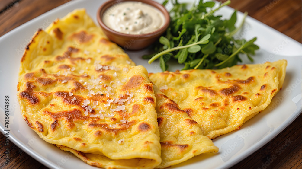 Cheburek with dipping sauce and arugula on white plate Cheburek with dipping sauce and arugula on white plate