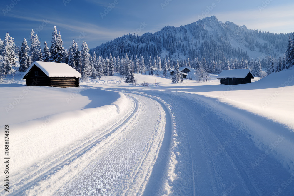 A snow covered road with a house on the side A snow covered road with a house on the side