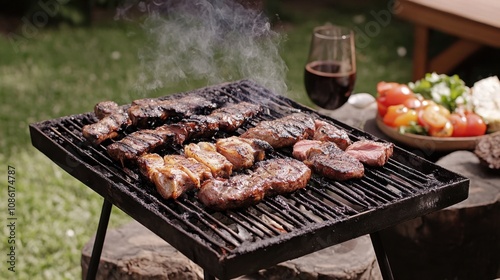 Deliciously Grilled Meats on Barbecue with Smoke Rising in a Lush Garden Setting, Accompanied by Red Wine and Fresh Vegetables on a Sunny Day