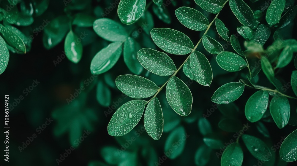 Fototapeta premium Fresh Green Leaves with Raindrops Close-Up