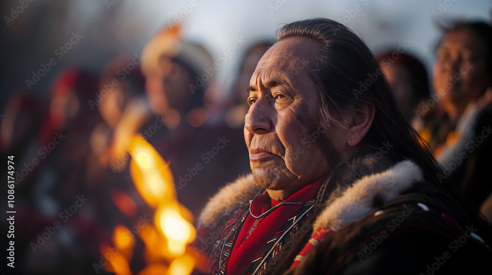 An elderly native american man with long hair and traditional attire stands solemnly, reflecting the cultural significance of the gathering during a vibrant sunset - Generative AI An elderly native american man with long hair and traditional attire stands solemnly, reflecting the cultural significance of the gathering during a vibrant sunset - Generative AI