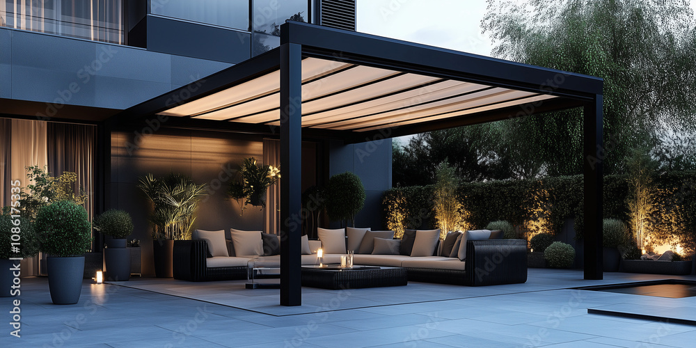 A black metal modern garden canopy with cream fabric, set in the corner of an outdoor terrace with sofas and plants, photorealistic. an elegantly designed outdoor living space