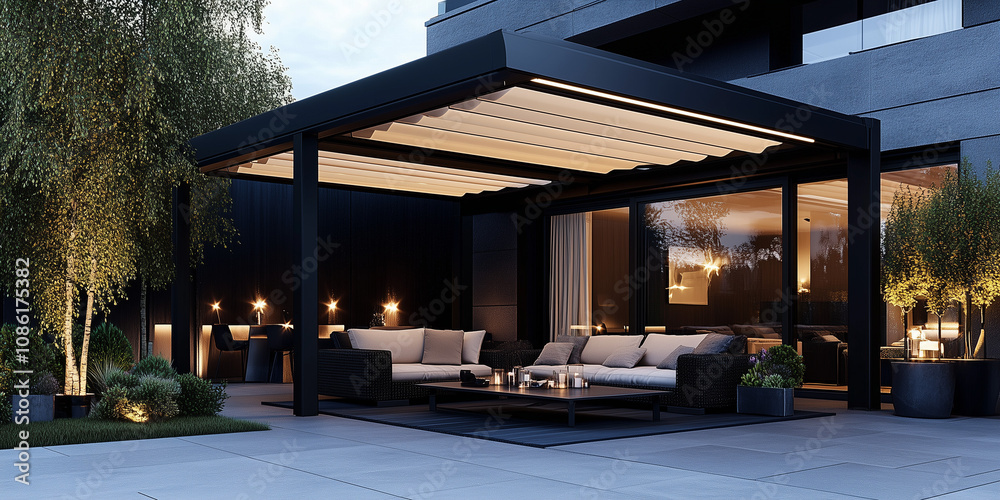 Obraz premium A black metal modern garden canopy with cream fabric, set in the corner of an outdoor terrace with sofas and plants, photorealistic. an elegantly designed outdoor living space