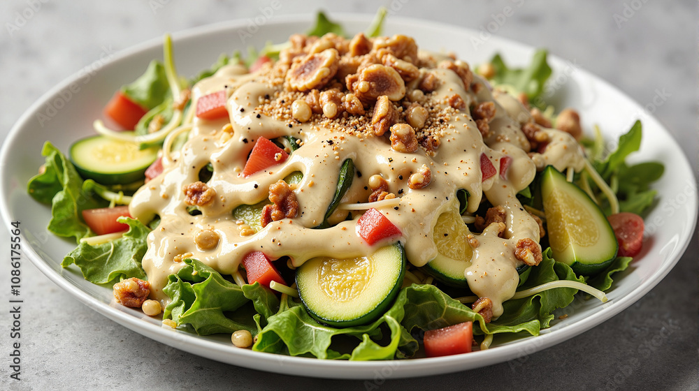 Fresh vegetable salad with creamy dressing and nuts Fresh vegetable salad with creamy dressing and nuts
