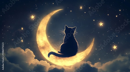 a black cat ıs sıttıng on a crescent moon ın a starry nıght sky