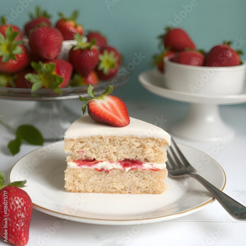 Un delicioso yy cremoso trozo de pastel de fresa, con mucho sabor