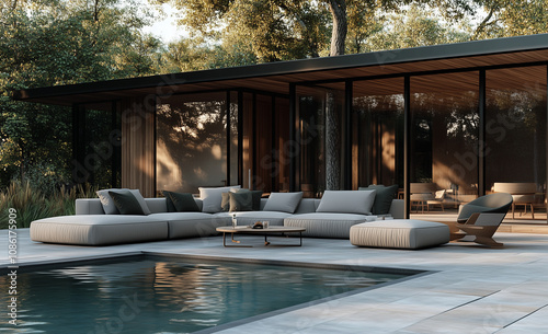 A black metal modern garden canopy with cream fabric, set in the corner of an outdoor terrace with sofas and plants, photorealistic. an elegantly designed outdoor living space