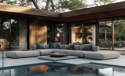 A black metal modern garden canopy with cream fabric, set in the corner of an outdoor terrace with sofas and plants, photorealistic. an elegantly designed outdoor living space
