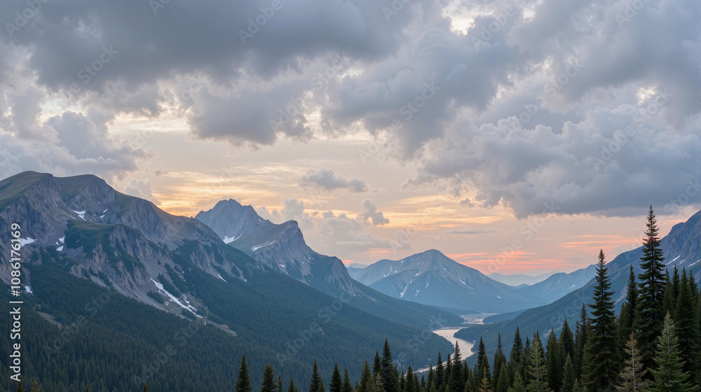 Majestic mountain landscape with dramatic sunset sky Majestic mountain landscape with dramatic sunset sky