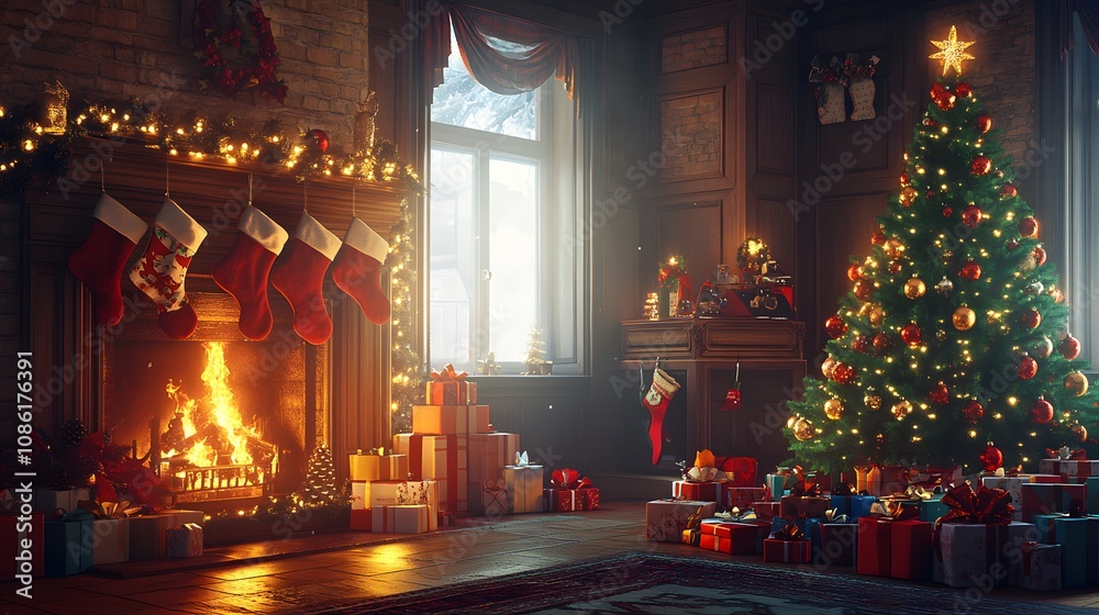 Cozy Christmas Fireplace with Decorated Tree and Gifts
