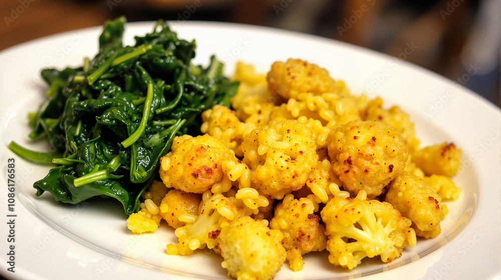 Roasted cauliflower with sautéed greens on white plate Roasted cauliflower with sautéed greens on white plate