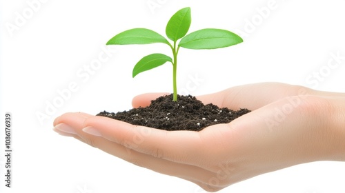 Fresh Seedling Growing in Hand on White Background