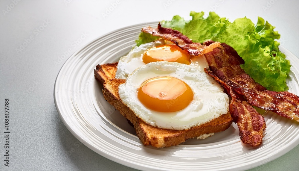plate with fried eggs bacon toasts and lettuce on white background plate with fried eggs bacon toasts and lettuce on white background