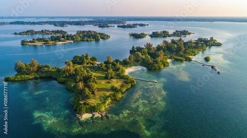 A Stunning Aerial View of a Tropical Island Landscape Showcasing Lush Greenery, Serene Waters, and Peaceful Nature in a Calm Environment photo