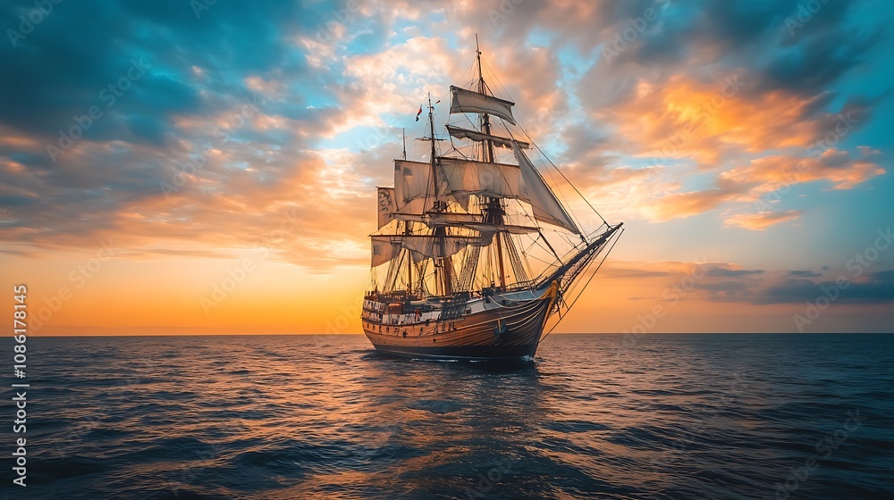 Obraz premium Sailing ship at sunset. Ocean adventure, travel, and exploration concept.