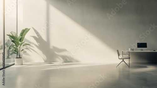 Bright Minimalist Office Interior with Green Plant