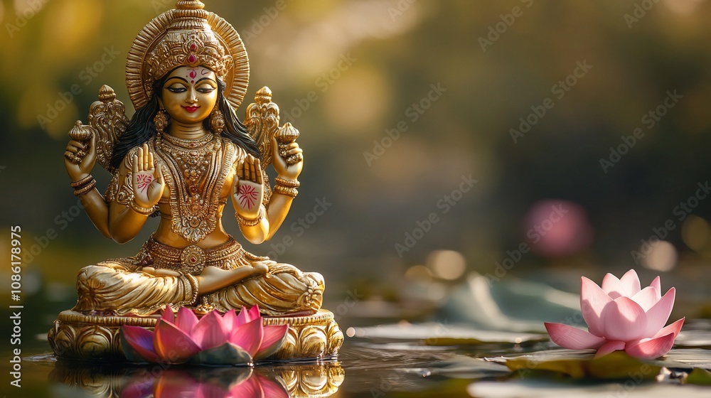 Golden Lakshmi statue sits on lotus flowers in calm water. Golden Lakshmi statue sits on lotus flowers in calm water.