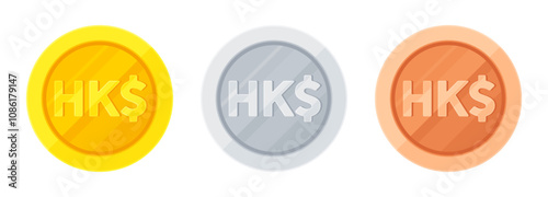 Set of gold, silver and copper coins with Hong Kong dollar sign (HK$). Economy, finance, investment, profit, money, HKD currency concept. Flat vector illustration isolated on white background	

