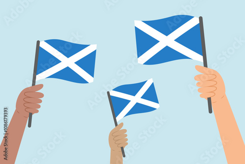 Diverse people hands raising flags of Scotland. Vector illustration of Scottish flags in flat style on blue background.