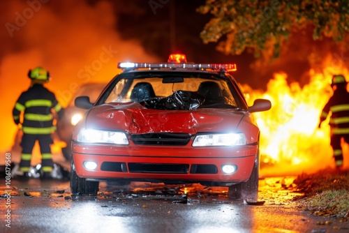 Firefighters responding to a car accident scene at night, with intense light reflections photo