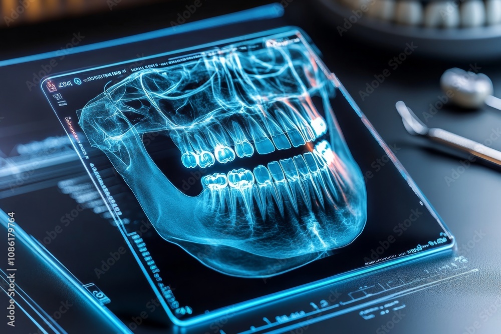Futuristic digital dental X-ray with neon-blue highlighting, showing detailed teeth and jaw bones Futuristic digital dental X-ray with neon-blue highlighting, showing detailed teeth and jaw bones