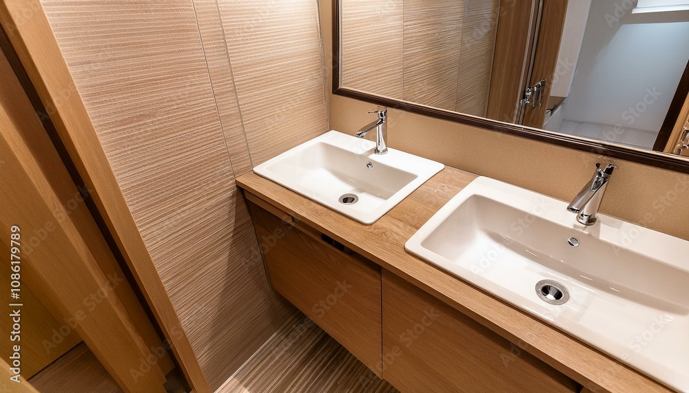 Beige bathroom corner with double sink, top view Beige bathroom corner with double sink, top view