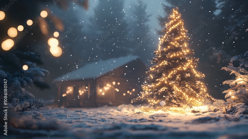 A Christmas Tree Illuminated in a Snowy Forest A Christmas Tree Illuminated in a Snowy Forest