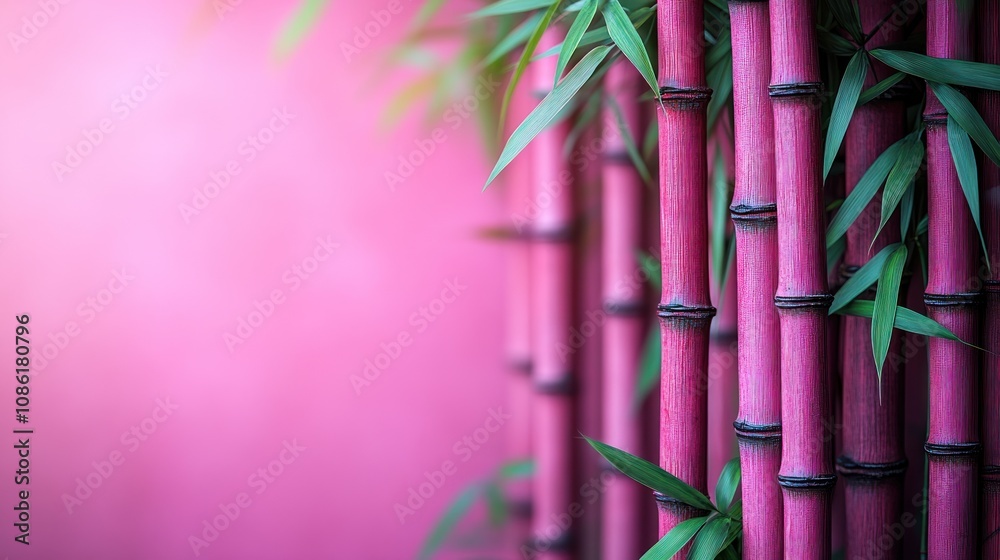Pink bamboo stalks with green leaves against a soft pink background. Pink bamboo stalks with green leaves against a soft pink background.