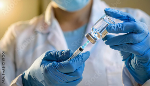 A healthcare professional wearing blue gloves is drawing liquid from a vial into a syringe, suggesting a medical procedure or vaccination Generative AI