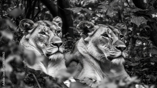 Two Lions in a Black and White Forest Scene