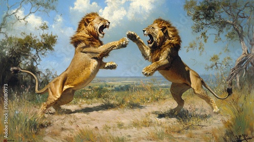 Two Lions Fighting in a Natural Landscape