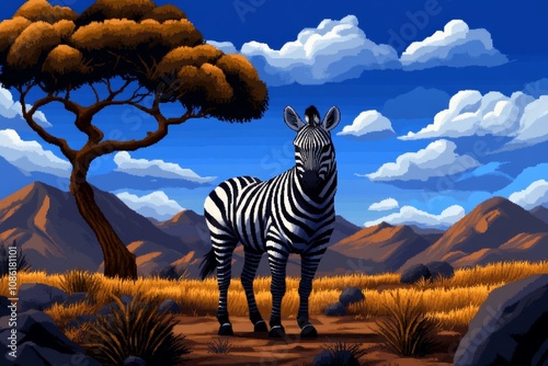 Pixel art of a zebra in a grassy field, with simple black and white stripes and a retro 8-bit aesthetic photo