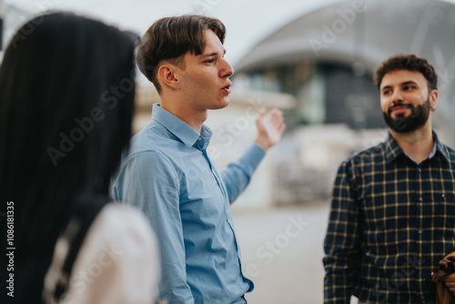 Three young professionals engaged in a lively discussion outdoors, showcasing teamwork and collaboration. The setting suggests a modern business context, highlighting communication and interaction