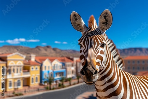 Side profile of a zebra in the wild with distant mountains and a serene African landscape